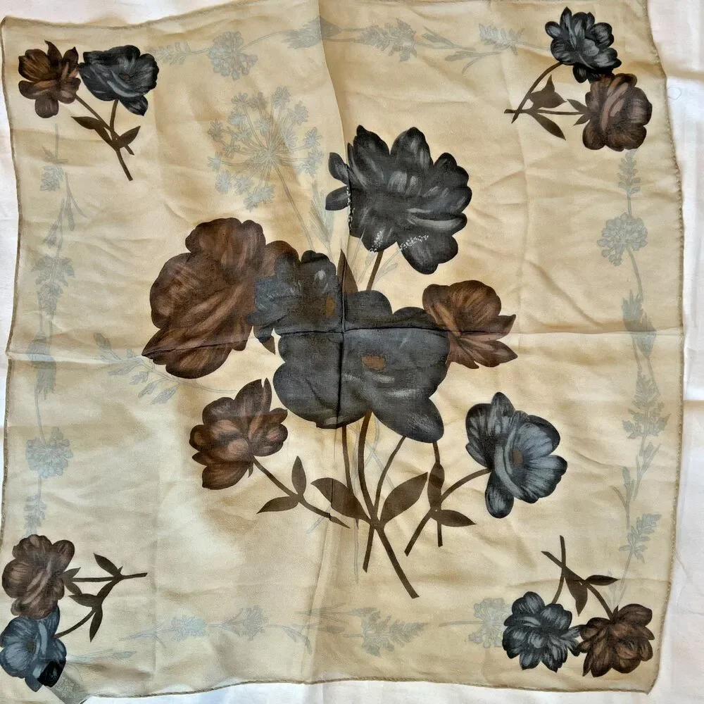 A. Brod Scarf Womens sheer beige chiffon silk blue flowers vintage 20 ins sq